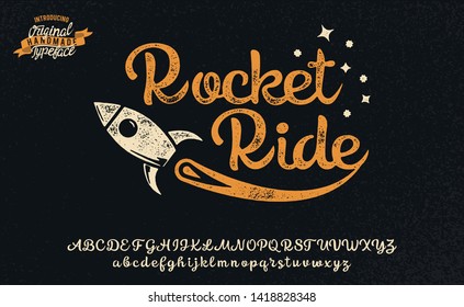 Rocket Ride. Font And Logo With A Spaceship. Space Theme. Script Handmade Font.