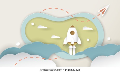 Rocket rise up form clouds. Art craft design in paper cut style. Decoration object on pantone background for kid cover book, startup business magazine and advertisement.