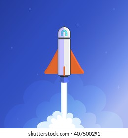 Rocket rising up from earth with smoke cloud. Shuttle gaining height, climbing altitude in blue sky. Spaceship escaping into space, cosmos to planets and stars.