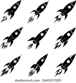  rocket, rockets, ship, ships, space, spaceship, spaceships, launch, launching, icon, icons, set, collection, black, silhouette, vector, illustration, design, element, elements, graphic, graphics