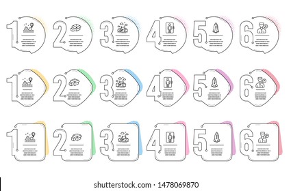 Rocket, Roller coaster and Valet servant line icons set. Infographic timeline. Bike rental, Packing boxes and Elevator signs. Spaceship, Attraction park, Parking man. Bicycle. Vector