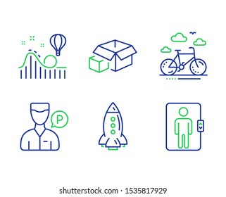 Rocket, Roller coaster and Valet servant line icons set. Bike rental, Packing boxes and Elevator signs. Spaceship, Attraction park, Parking man. Bicycle. Transportation set. Vector
