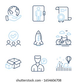 Rocket, Roller coaster and Valet servant line icons set. Diploma certificate, save planet, group of people. Bike rental, Packing boxes and Elevator signs. Vector
