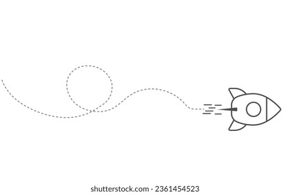Rocket route on white background. Travel from the start point along the dotted line. Vector illustration.	