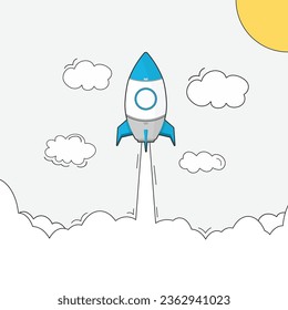 Rocket route on white background. Travel from the start point along the dotted line. Vector illustration.
