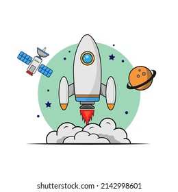 Rocket with Satellite and Planet Space. Technology Transportation Icon Concept Isolated. Flat Cartoon Style. Vector illustration