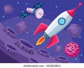 rocket and satellite space universe scene vector illustration design