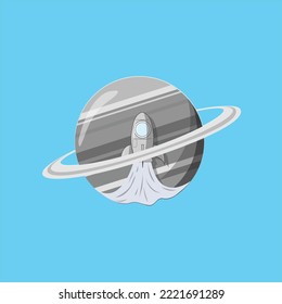 rocket in saturn grayscale vector illustration