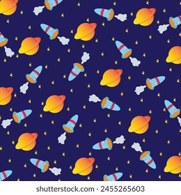 Rocket and Saturn pattern, stars, background, vector, icon, simple.