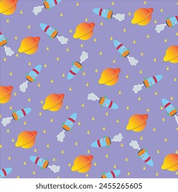 Rocket and Saturn pattern, stars, background, vector, icon, simple.