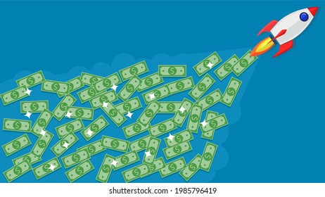 Rocket scatters banknotes. financial concept. vector illustration