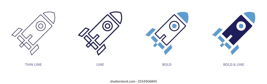 Rocket scheduling icon in 4 different styles. Thin Line, Line, Bold, and Bold Line. Duotone style. Editable stroke.