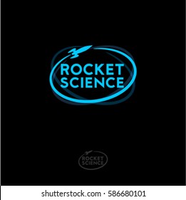 Rocket science logo. Blue rocket emblem.
Rocket and letters on a dark background.