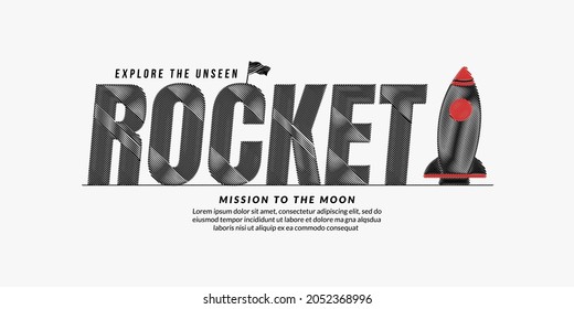 Rocket scribble text design background, Rocket lettering typography concept with spaceship, Mission to explore the space