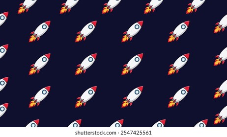 Fundo de padrão sem costura do foguete. Foguete de desenho animado motivo têxtil. Crianças dos desenhos animados voando com foguetes. Plano de fundo azul escuro