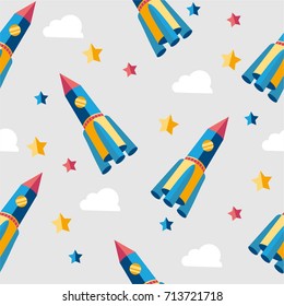 Rocket seamless pattern background vector and space technology ship rocket launch cartoon design vector illustration. Children Seamless pattern with cartoon space rockets, planets, stars