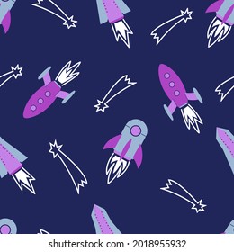 Rocket seamless pattern on dark blue background with comets. Various spaceships vector illustration. Good for fabrics, textile, clithing, nursery, stationery, print.