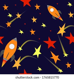 Rocket seamless pattern with stars and comets. Colorful background for textile and more.