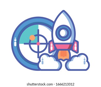 cohete con iconos seo en el diseño de ilustración vectorial de fondo blanco