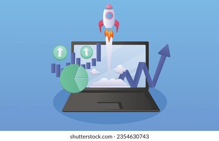 Rocket SEO Optimization For Social Media Marketing Ideas.on blue background.Vector Design Illustration.