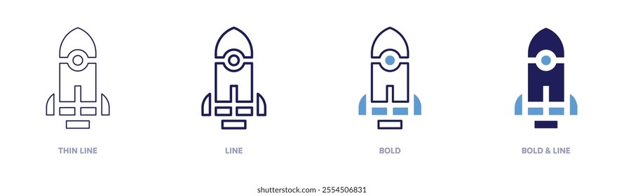 Rocket separation icon in 4 different styles. Thin Line, Line, Bold, and Bold Line. Duotone style. Editable stroke.