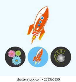 Rocket .  Set from 3 round colorful icons, gears ,  rocket , volume control, power control icon, vector illustration