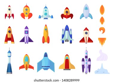 Rocket set. Collection of spaceship and flame. Futuristic technology and innovation in transportation. Idea of space travel. Isolated vector illustration in cartoon style