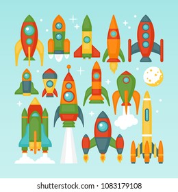 Rocket  set isolated on blue background. Start up and development concept. Vector illustration