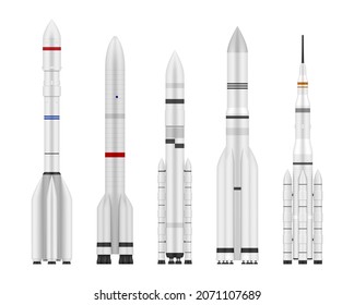 Rocket set realistic vector illustration. Collection spaceship or spacecraft open space exploration travel isolated on white. Shuttles vehicle decorative design for astronaut fast movement at galaxy