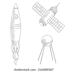 Raketensatellitengrafie, schwarz-weiß, einzelne Skizze, Vektorgrafik