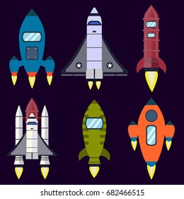 Rocket set vector and space technology ship rocket launch cartoon design vector illustration. Cartoon spacecraft rocket future shuttle fly futuristic galaxy vehicle. Fantasy speed cosmos start up.