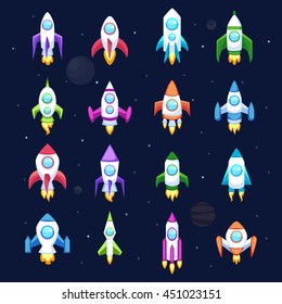 Rocket set vector and technology space ship rocket cartoon icons