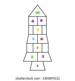 Rocket shaped hopscotch child leisure game with colorful numbers.