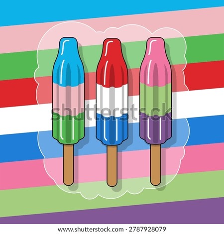 Rocket shaped ice cream or bomb pop ice cream with three flavors on a colorful striped background. National Bomb Pop Day, June.