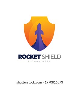 Rocket shield logo. rocket with shield gradient logo template