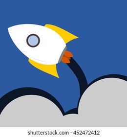 Rocket ship after launch flying above clouds in sky. Vector illustration.