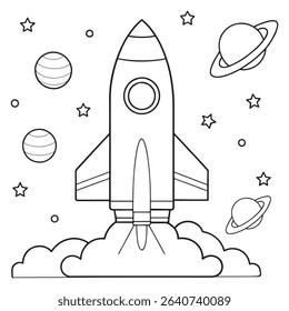 Rocket ship blasting into outer space surrounded by planets in a galactic scene illustration