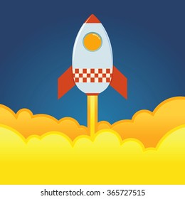 Rocket ship blasting off from the ground, vector illustration