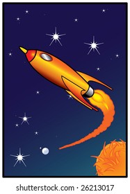 A rocket ship blasts from earth, past a racing sun to explore the stars and beyond!