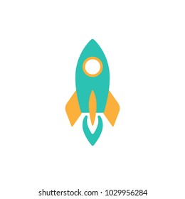 Rocket ship of blue and orange colors with fire. Isolated on white. Flat icon. Vector illustration with flying rocket. Space travel. Space rocket launch. Project start up sign. Creative idea symbol. 