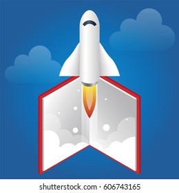 Rocket ship from a book to sky.Vector illustration
