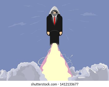 Rocket ship in a business suit. Space rocket launch with trendy flat style fluel. Project start up and development process.Innovation product, creative idea. Management. Vector illustration. Flat desi