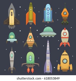 Rocket ship in cartoon style. New Businesses Innovation Development Flat Design Icons Template. Space ships illustrations set.