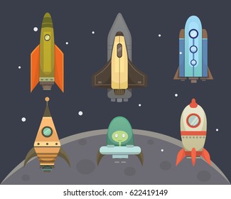 Rocket ship in cartoon style. New Businesses Innovation Development Flat Design Icons Template. Space ships illustrations set.