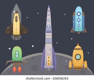Rocket ship in cartoon style. New Businesses Innovation Development Flat Design Icons Template. Space ships illustrations set.