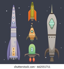 Rocket ship in cartoon style. New Businesses Innovation Development Flat Design Icons Template. Space ships illustrations set.