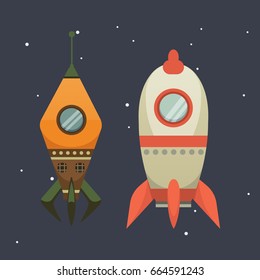 Rocket ship in cartoon style. New Businesses Innovation Development Flat Design Icons Template. Space ships illustrations set.