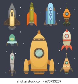 Rocket ship in cartoon style. New Businesses Innovation Development Flat Design Icons Template. Space ships illustrations set.