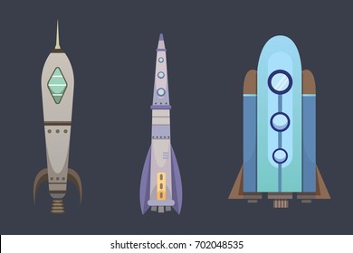 Rocket ship in cartoon style. New Businesses Innovation Development Flat Design Icons Template. Space ships illustrations set.