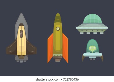 Rocket ship in cartoon style. New Businesses Innovation Development Flat Design Icons Template. Space ships illustrations set.
